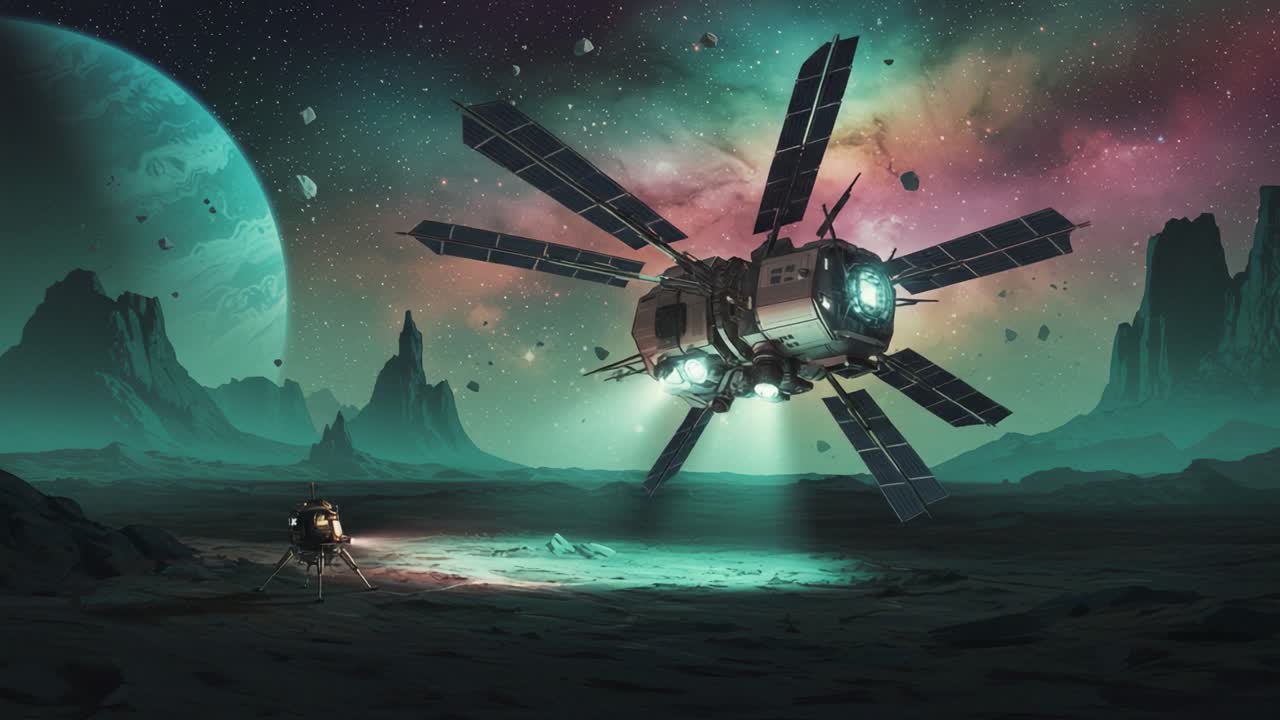 A stunning artisanal depiction of two futuristic spacecraft silently hovering above an alien landscape, illuminated by distant colorful nebulas and a vibrant planetary backdrop