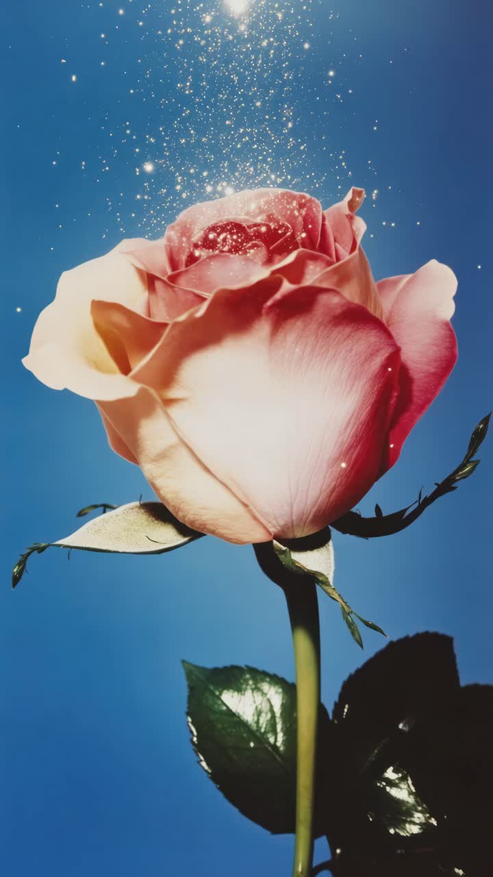A close-up, upward angle captures a blooming rose against a blue sky, with sparkling particles