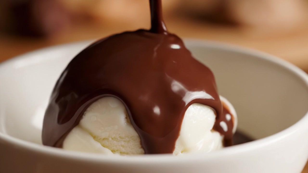 Concedersi un Dessert Classico: Un'Invitante Pallina di Gelato alla Vaniglia Perfettamente Guarnita con Ricche Salse al Cioccolato per la Massima Soddisfazione del Gusto