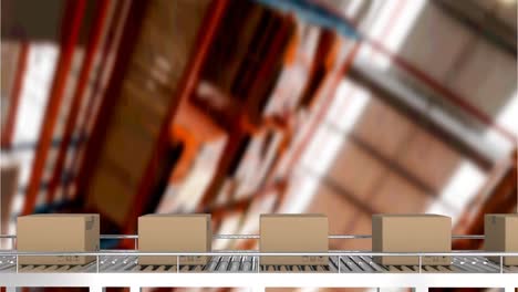 animation of cardboard boxes moving on conveyor belt over warehouse