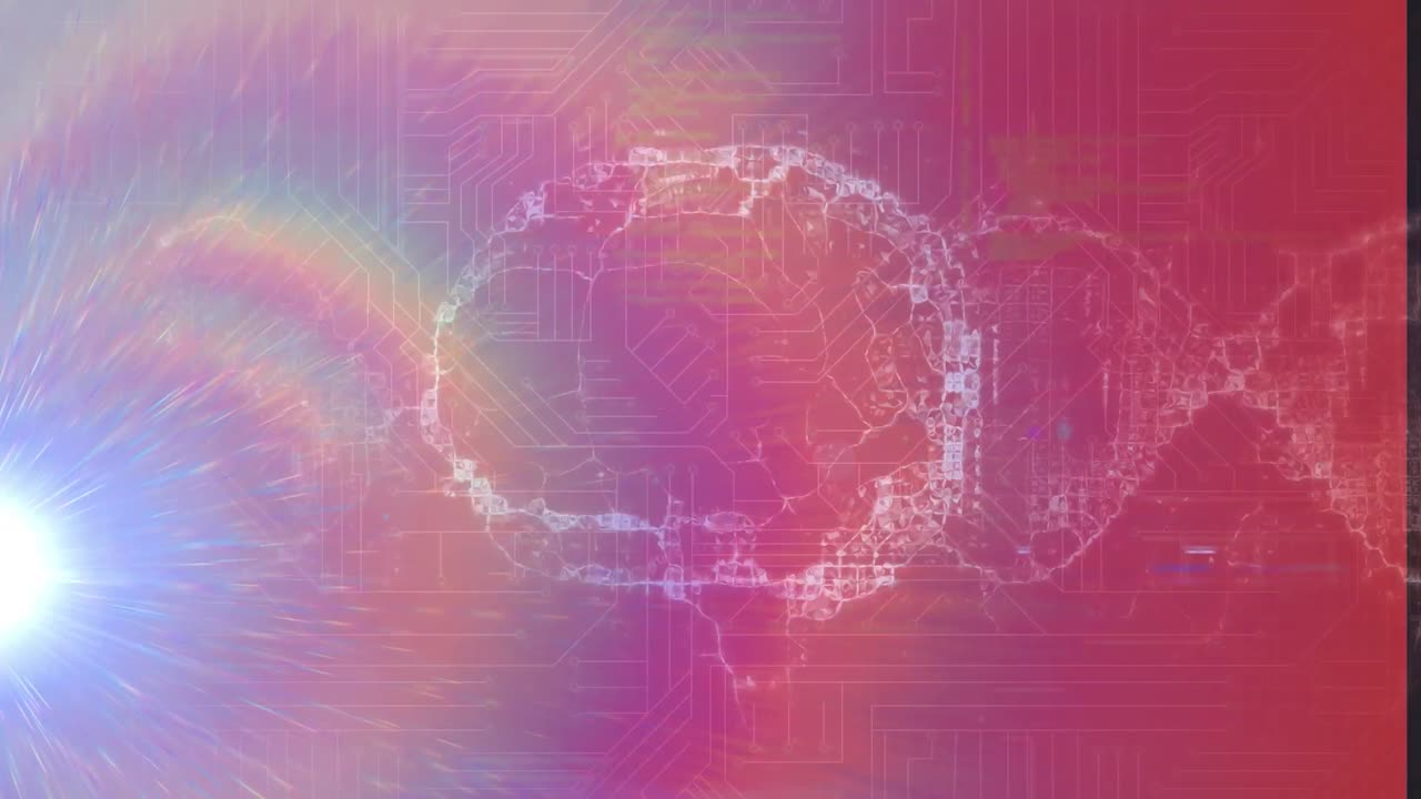 추상적인 배경에 회전하는 조명 렌즈와 함께 그래픽 인간 뇌의 디지털 애니메이션