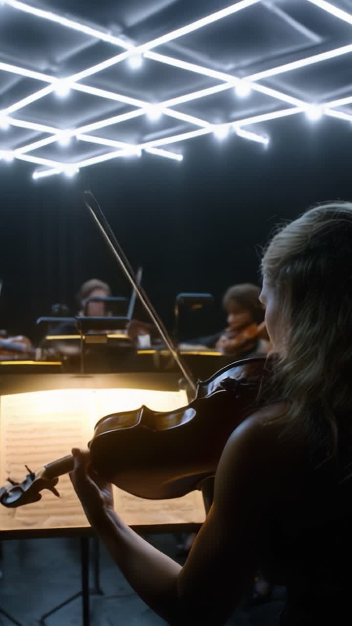 Un violinista virtuoso catturato dalla musica, illuminato da un'illuminazione moderna, che mostra una fusione di eleganza e arte in un contesto di concerto.