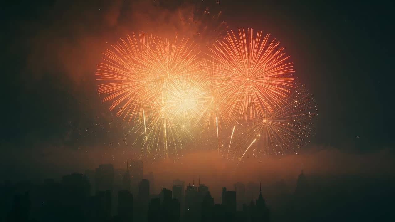 Sending firework shells skyward from launch points, lighting city skyline with green halos