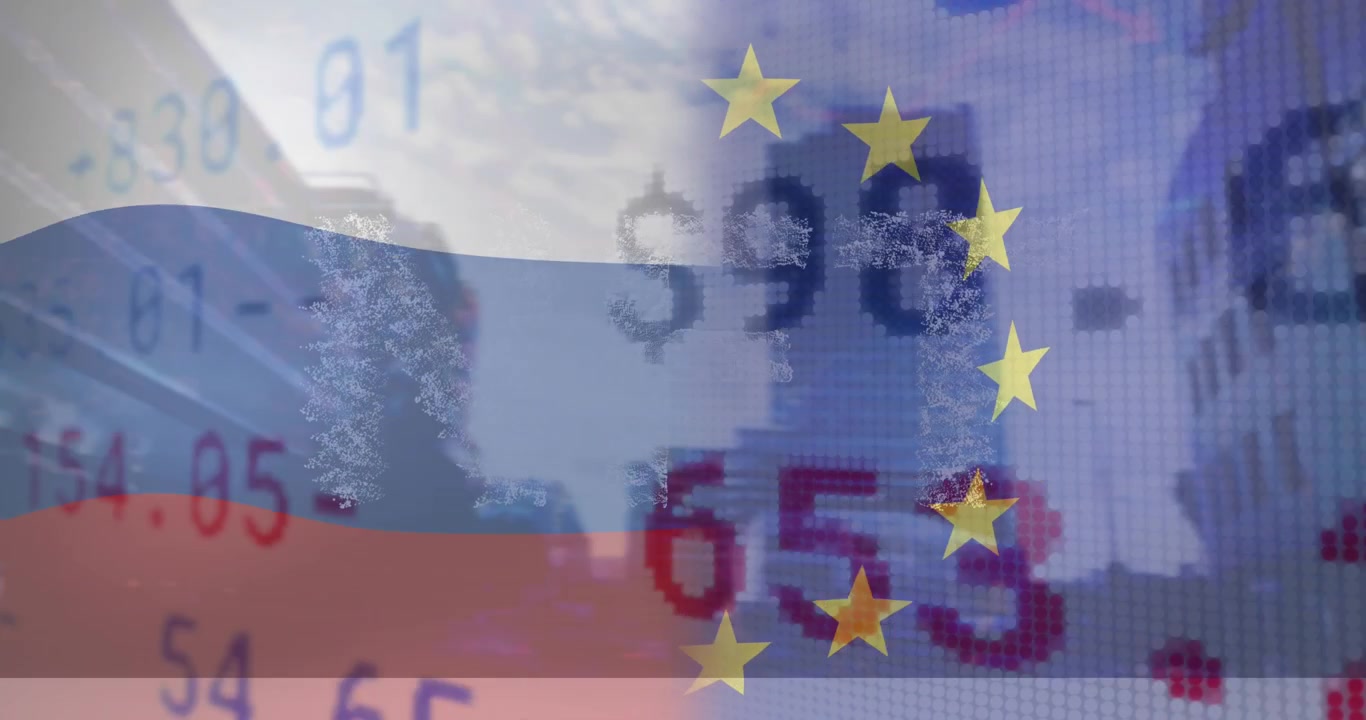 Animación de banderas de Rusia y la UE sobre un mercado de valores y un paisaje urbano.