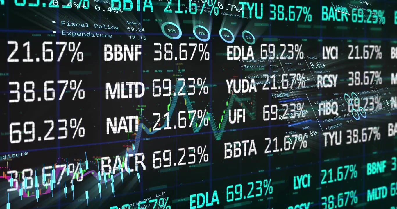Animation of financial data processing over black background