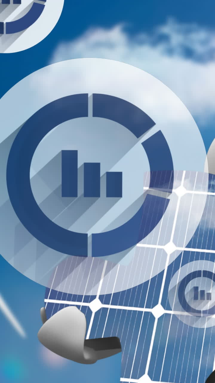 анимация плавающих икон с графиками над человеком с головоломкой и ветряными турбинами