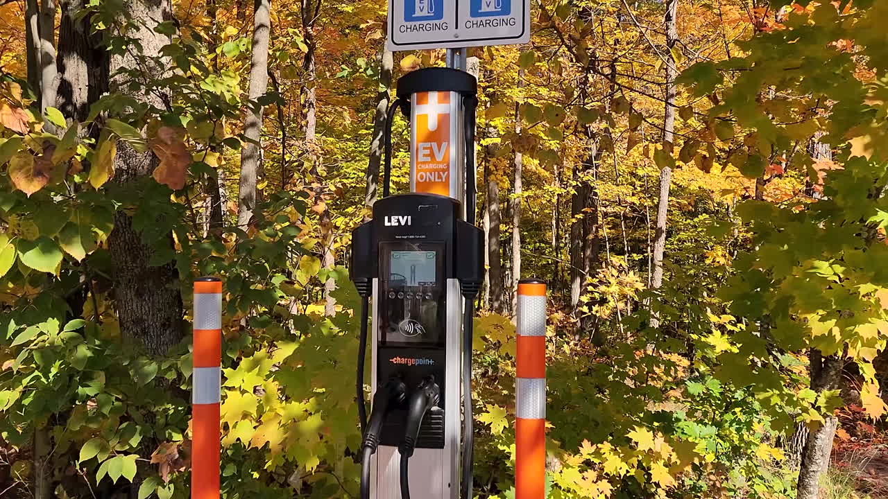 estación de carga de vehículos eléctricos junto al bosque con follaje de otoño brillante