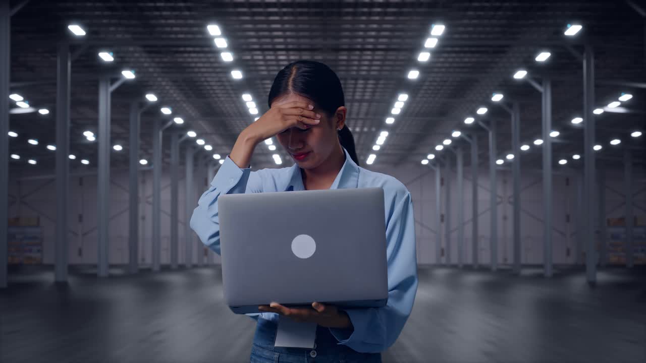 Asian Female With Her Laptop in Empty Modern Warehouse, She Is Nodding Her Shead With Dissapionted