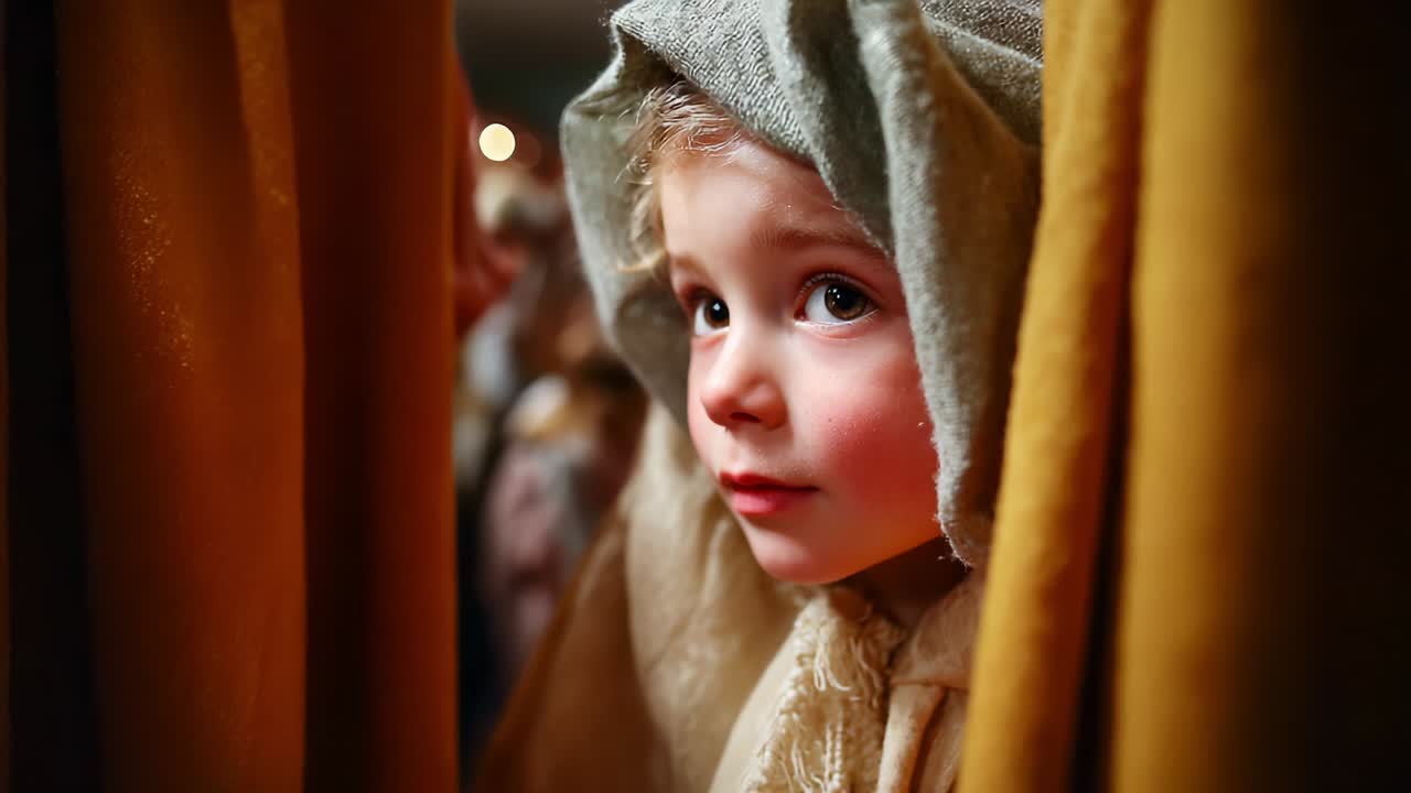 A Captivating Glimpse of Innocence: A Young Child Behind a Curtain, Peering Out with Curious Eyes and an Enveloping Shawl Creating a Gentle Atmosphere of Wonder and Anticipation