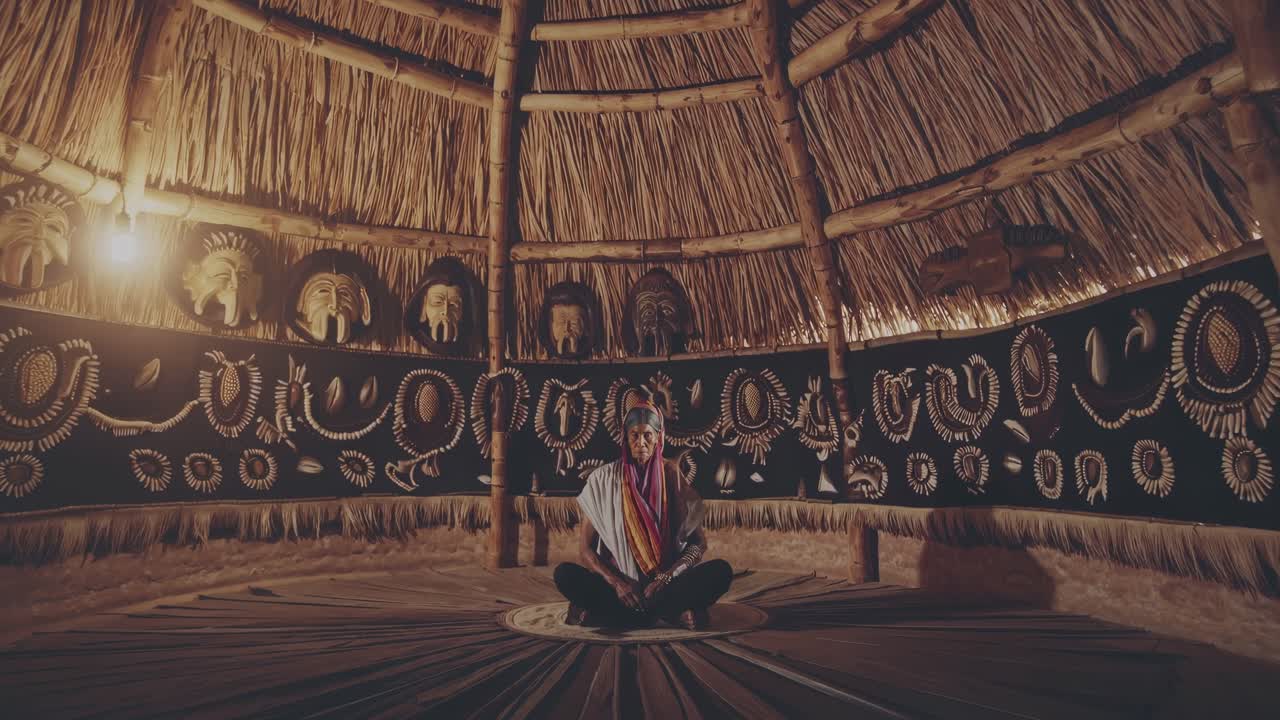 Indigenous woman wearing traditional clothes is sitting cross legged, meditating peacefully inside a maloca, a traditional Amazonian hut decorated with tribal masks and ornaments