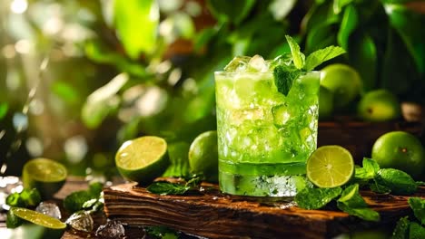 a glass of mojito with lime and mint on a wooden table