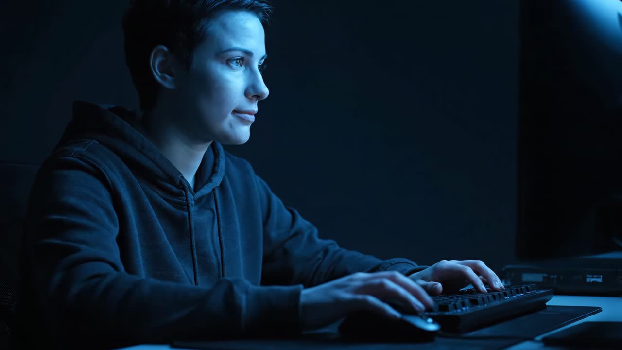 Woman typing on a computer in blue lighting