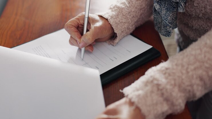 Donna anziana, mani e scrittura su documenti