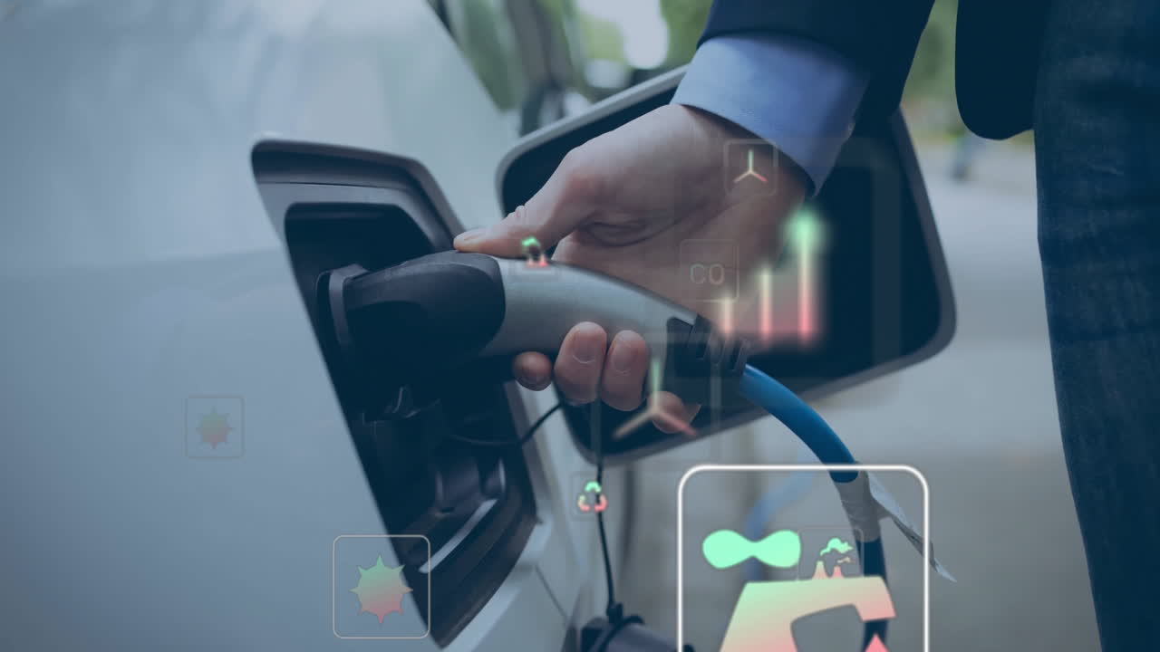 전기 자동차를 충전하는 백인 남자의 에코 아이콘의 애니메이션