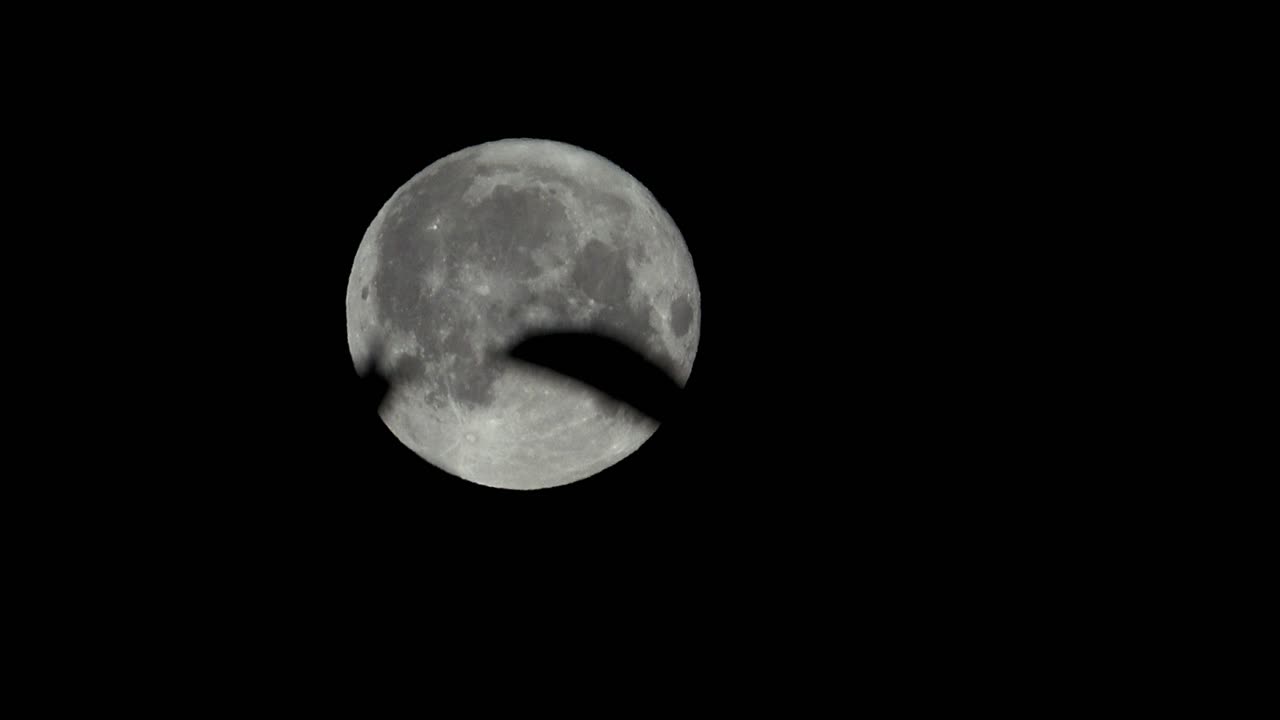 Lua cheia movendo-se por um céu ventoso com folhas em primeiro plano, no Reino Unido.