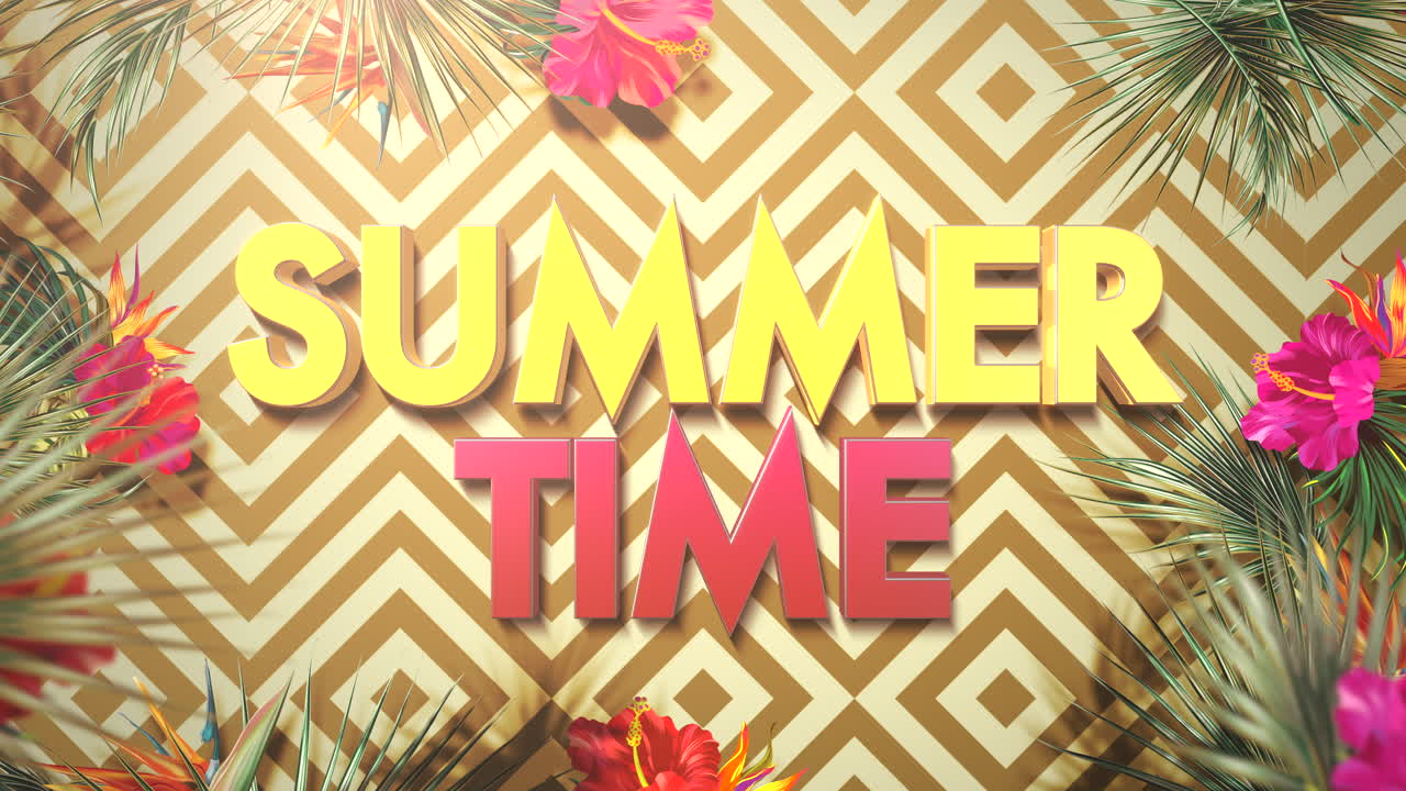 horario de verano con rosas rosadas y hojas tropicales en textura geométrica