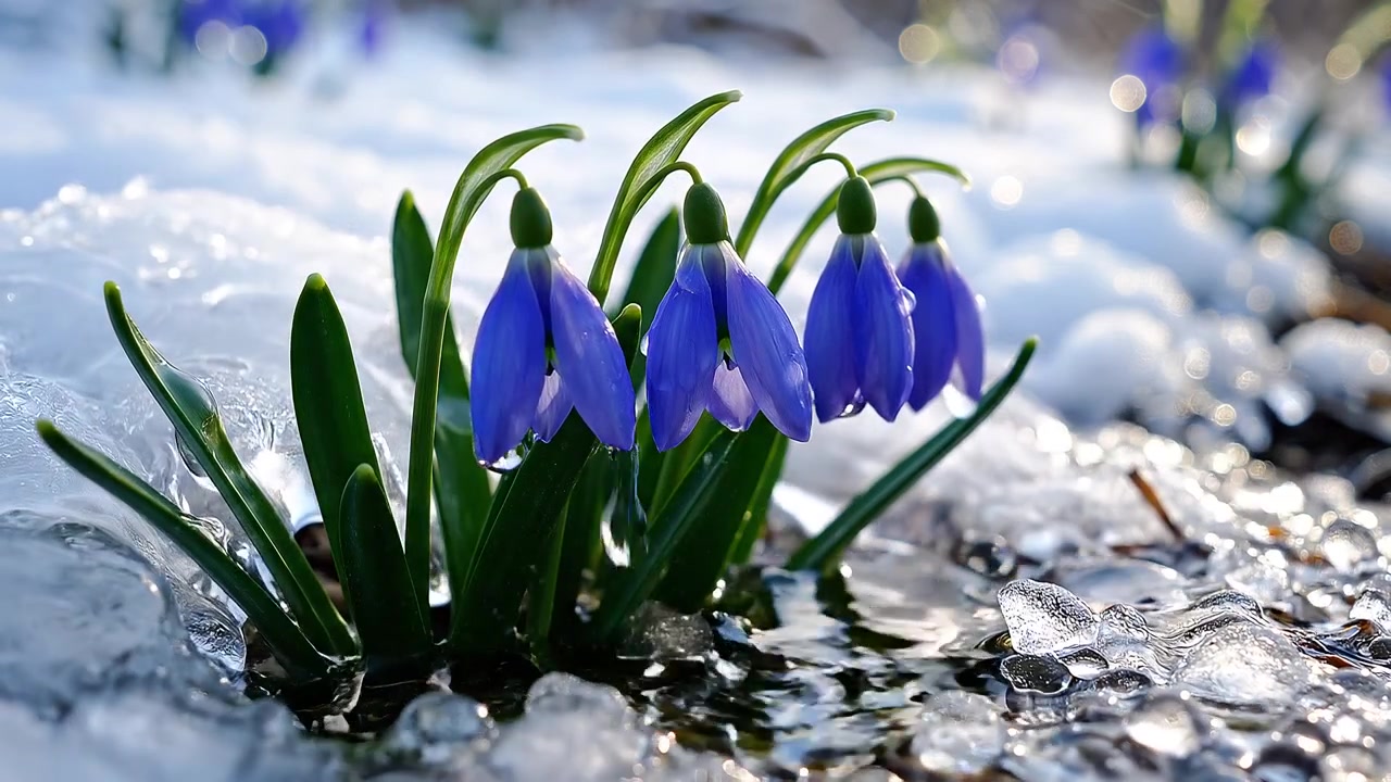Fiori blu che sbocciano attraverso ghiaccio e neve che si sciolgono in primavera