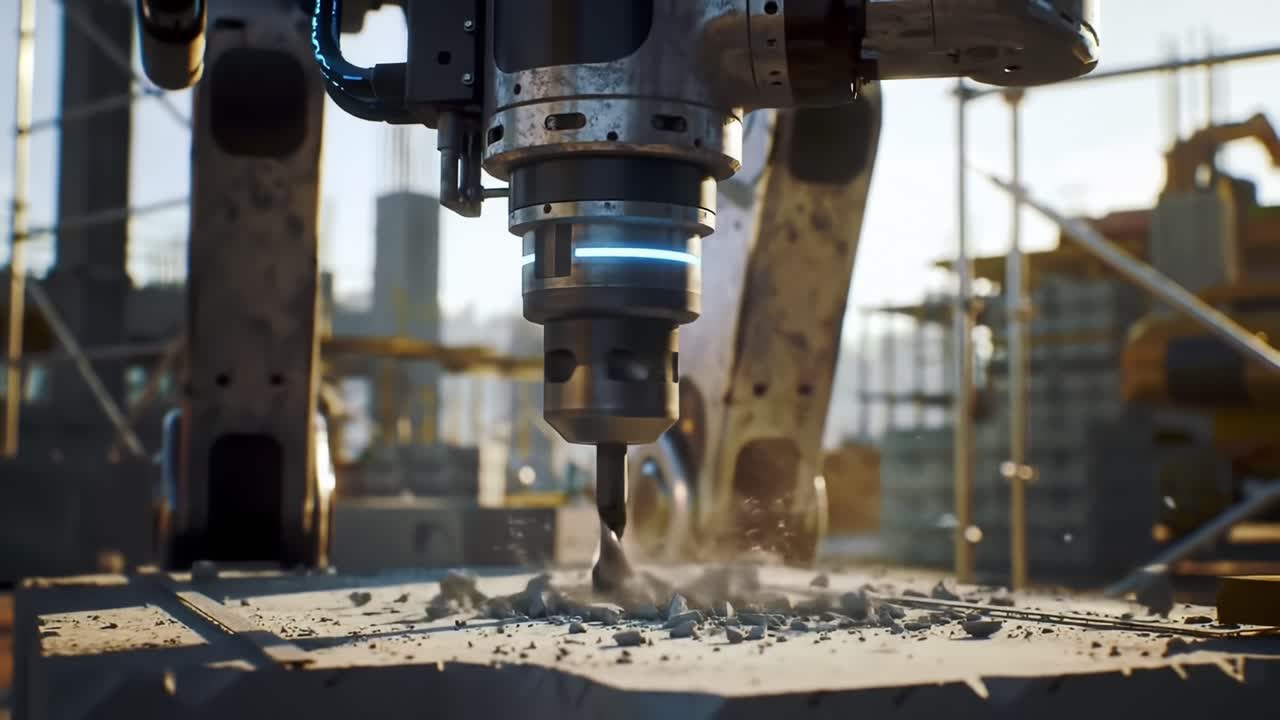 Advanced Robotic Arm in Action: Precision Drilling into Concrete Amidst Construction Site Chaos with Scaffolding and Heavy Machinery in Background