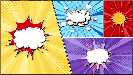 colorful comic panels with explosive speech bubbles