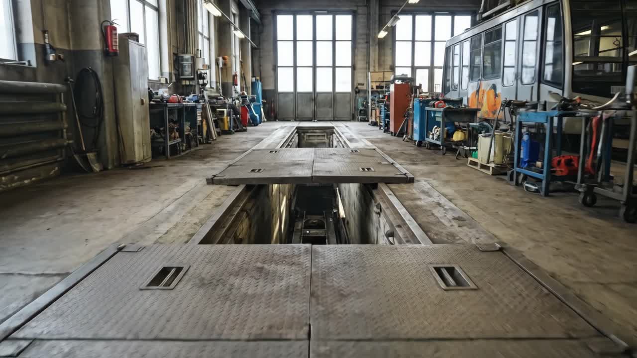 Industriële garage met bewegende inspectieputafdekkingen