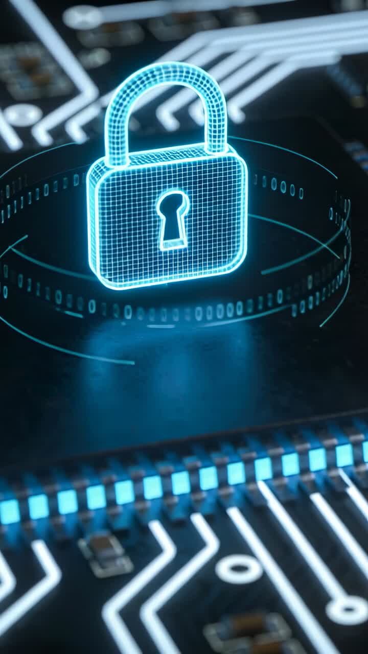 Vertical video: Activating padlock hologram pulsing above PCB, binary ring shielding traces