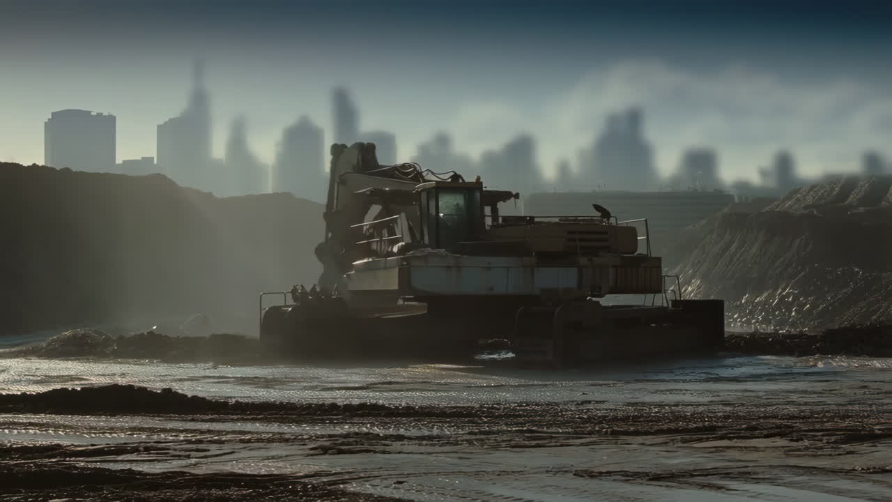 Escavatore pesante in un cantiere edile nebbioso con lo skyline della città