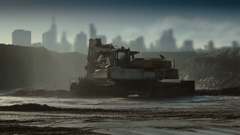 heavy excavator on a hazy construction site with city skyline