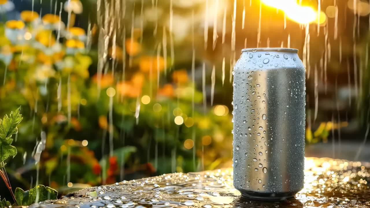 비가 오는 바위 꼭대기에 앉아 있는 소다 캔