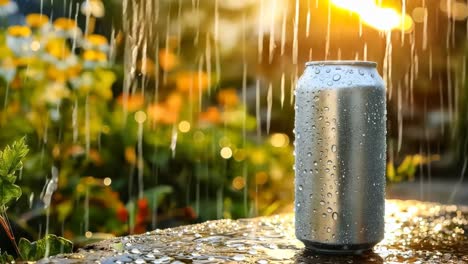 una lata de refresco sentada en la parte superior de una roca en la lluvia