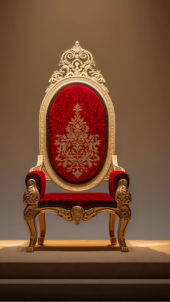 Vertical video: Spotlight turning on over ornate throne chair standing in gallery in red velvet