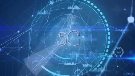 Animation-Von-5g-Text-In-Ladekreisen-Und-Verbundenen-Punkten-Mit-Diagrammsymbolen-Auf-Blauem-Hintergrund