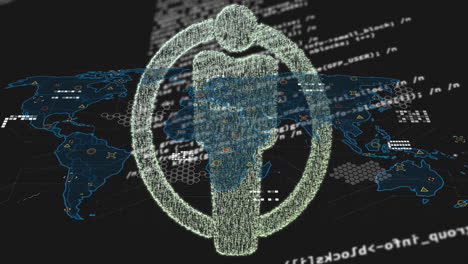 animación del icono del perfil sobre el mapa del mundo y procesamiento de datos contra un fondo negro