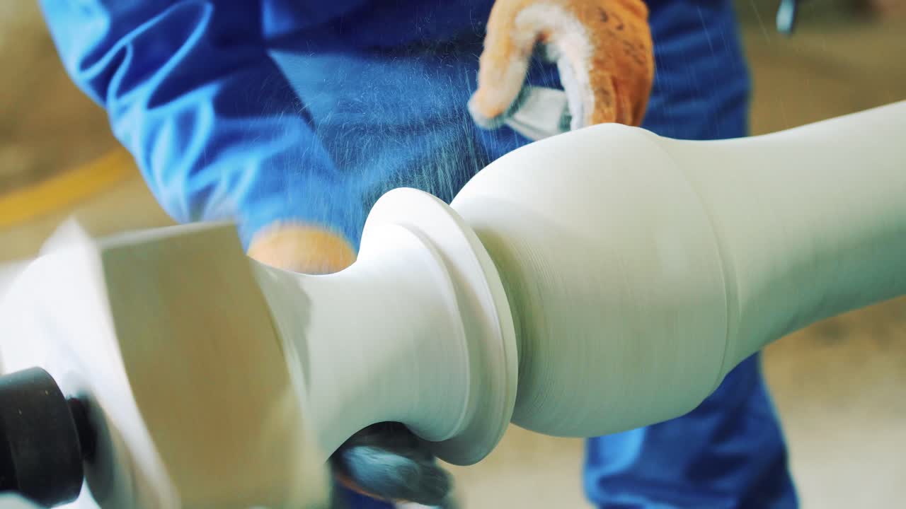 The master works with a stone using a grinder. Polishing and grinding stone on the machine. Close-up. Decorative products made of stone