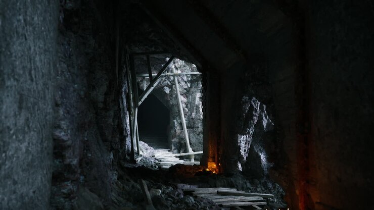 Exploration of a dark and mysterious underground tunnel in a mine