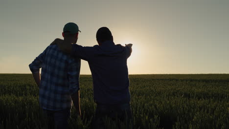 un hombre y su hijo miran el amanecer sobre un campo de trigo juntos. los agricultores en el campo y el negocio familiar