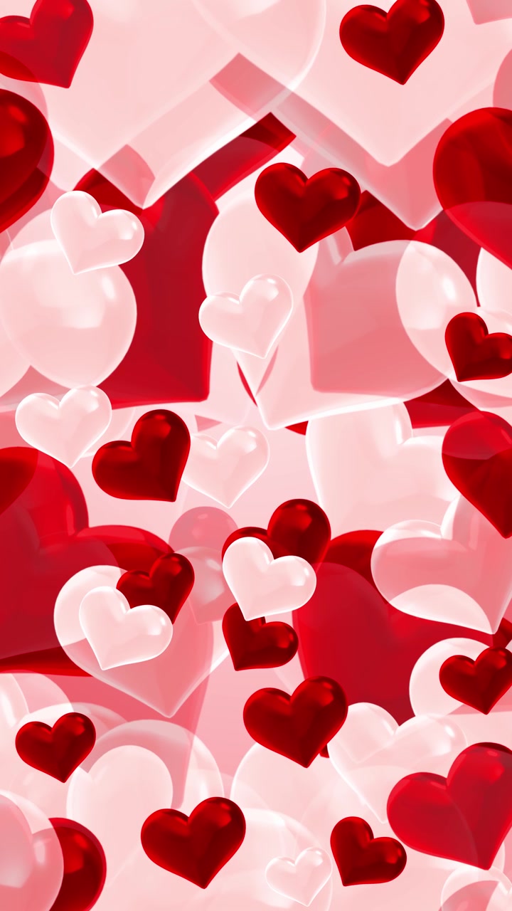 Animazione romantica di cuori lucidi d'amore con forme fluttuanti rosse e bianche, profondità rosa pastello e morbida