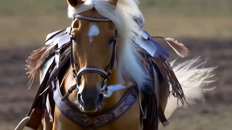 close-up of a palomino horse with western tack