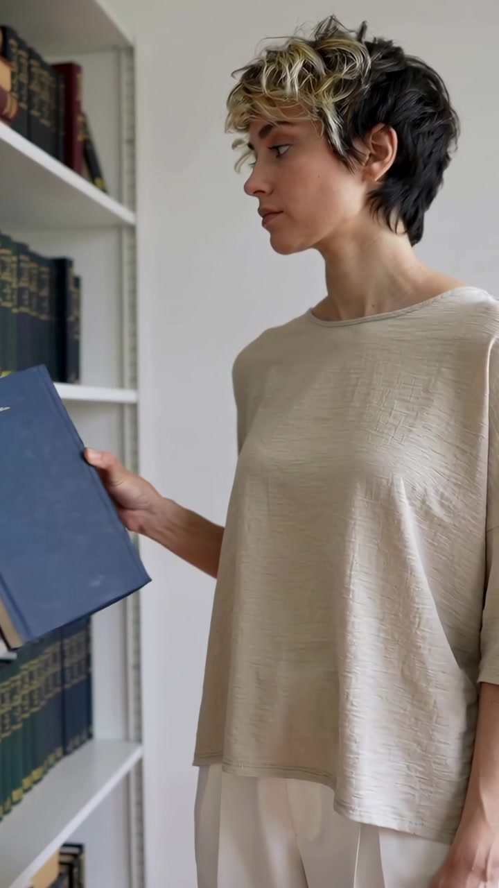 Video verticale: Donna con top e pantaloni color cachi che sfoglia, raggiunge uno scaffale, prende libri blu e neri scegliendo.