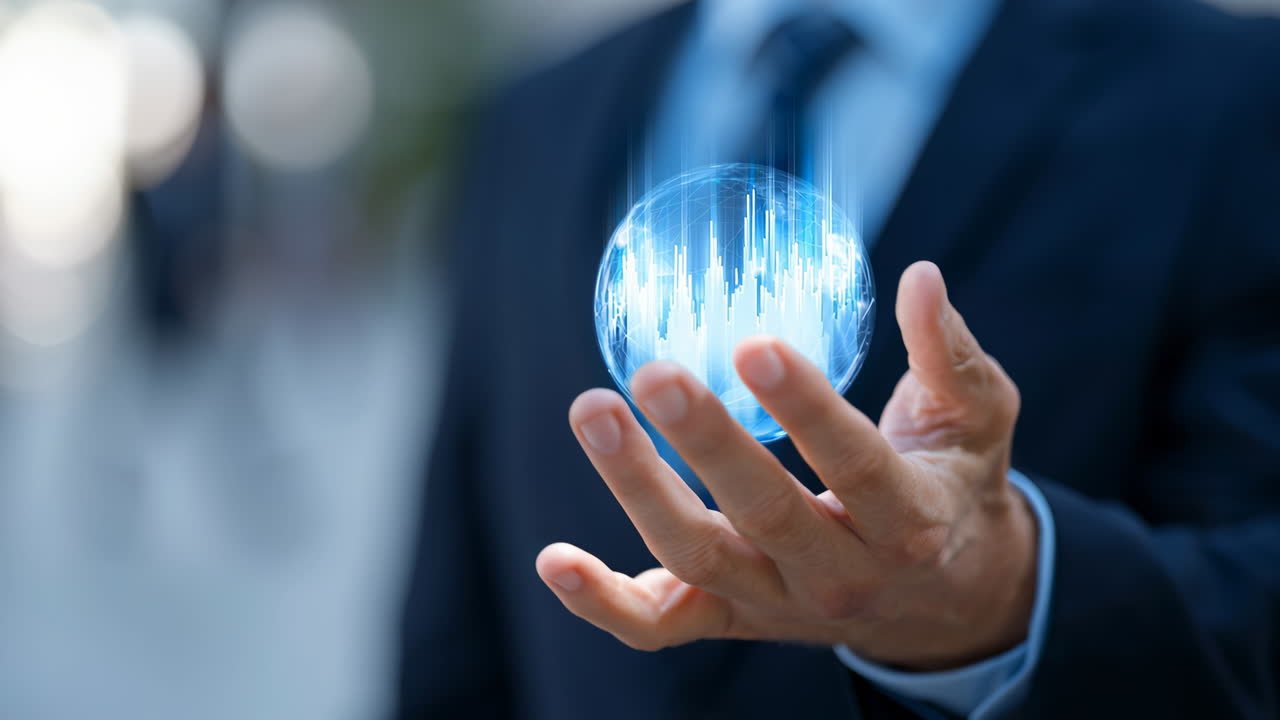 Tech-savvy businessman and sphere. A businessman in a suit holds a glowing blue sphere that shows digital patterns, demonstrating modern technology