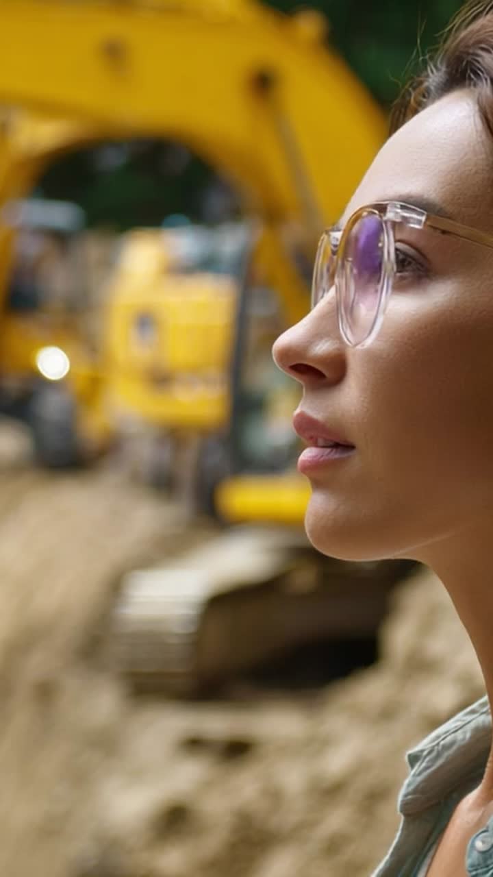 A Focused Woman Observes Construction Machinery in Action Amidst Sandy Terrain, Highlighting the Intersection of Human Curiosity and Heavy Equipment Operations