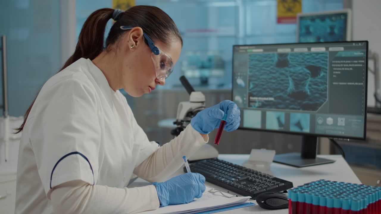 Woman scientist looking at test tube and taking notes
