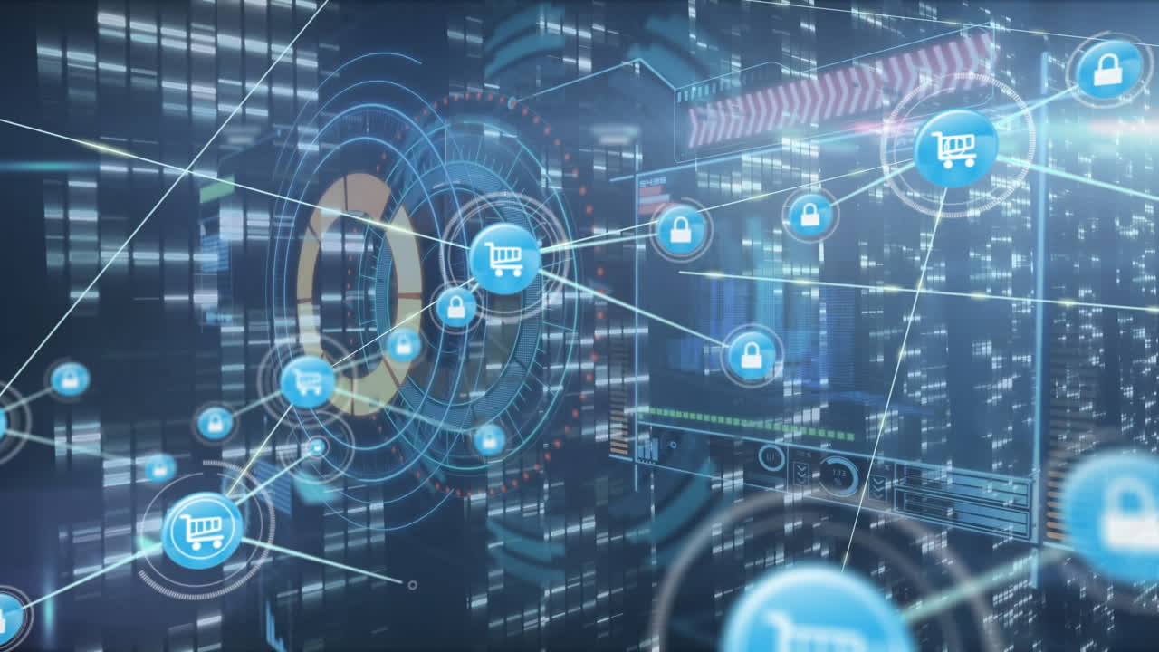 animación de círculos, iconos conectados, patrón abstracto y destello de la lente sobre gráficos de barras iluminados.