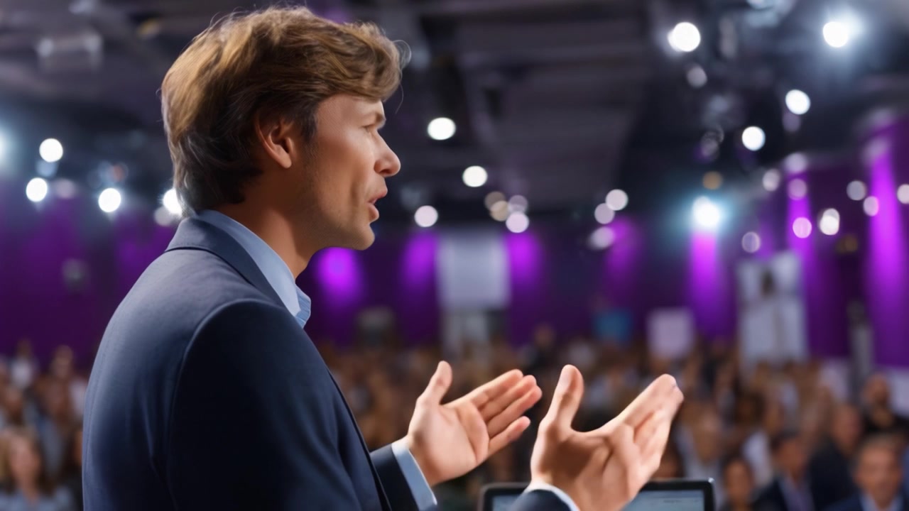 Un relatore coinvolgente si rivolge a un pubblico con entusiasmo e intuizione, catturando l'attenzione con una presenza carismatica in un moderno contesto di conferenza