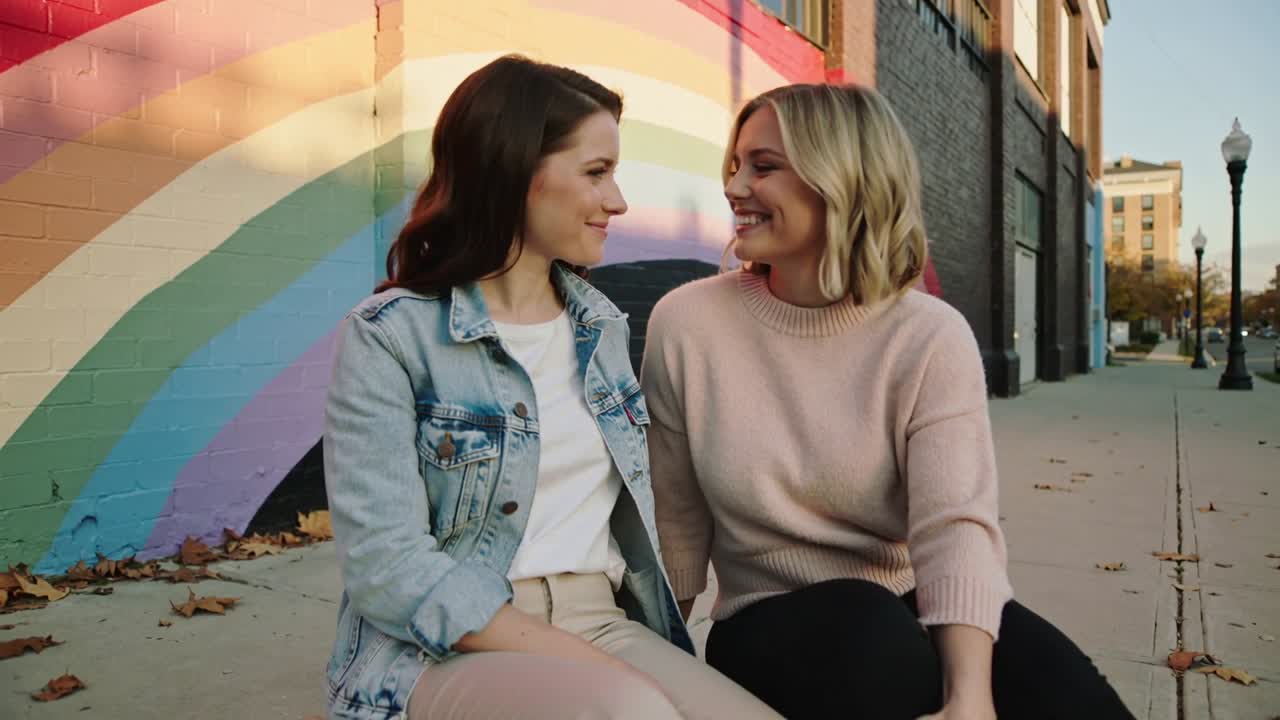 Smiling women meeting gaze and showing love in denim, pink sweater, leaning closer by rainbow mural