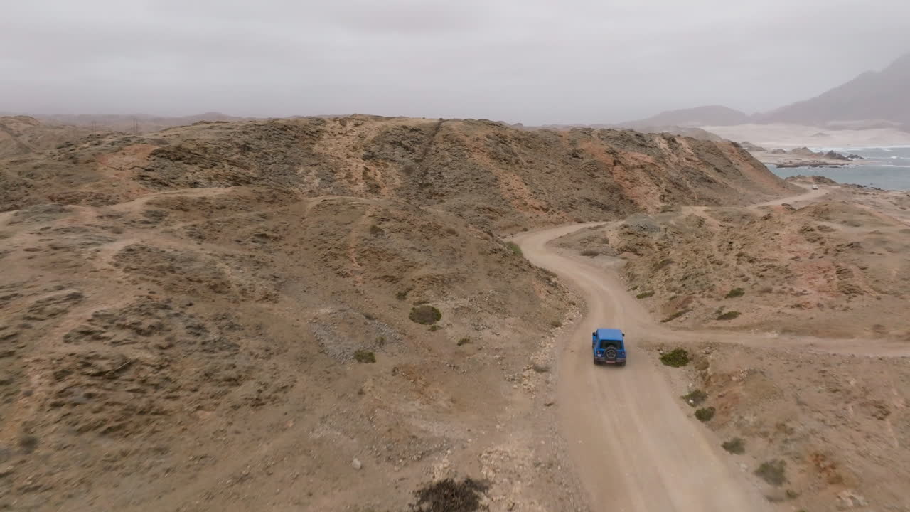 Winding coastal road with a car traveling through the arid desert landscape of Oman