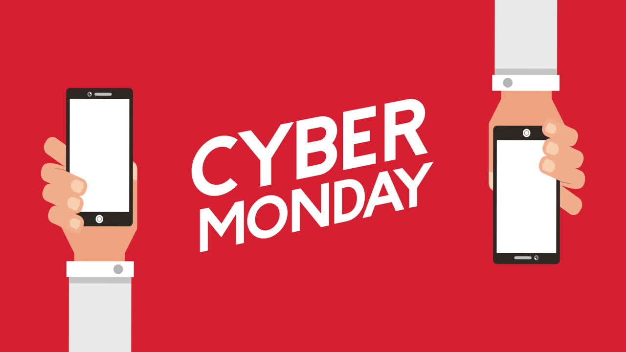 cyber monday animation with hands using smartphone