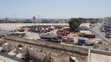 Quaint-Fishing-Boats-in-Old-Port-of-El-Jadida,-Morocco