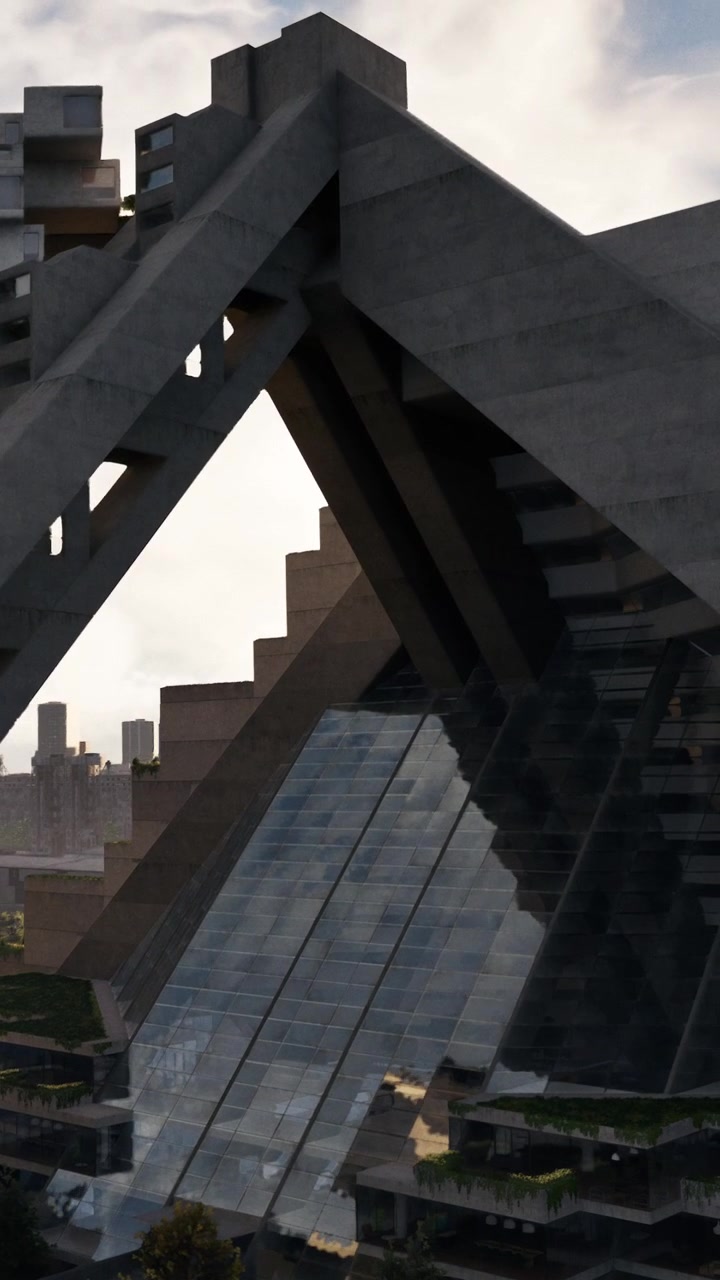Design arquitetônico moderno reflete a luz ao pôr do sol em uma área urbana.