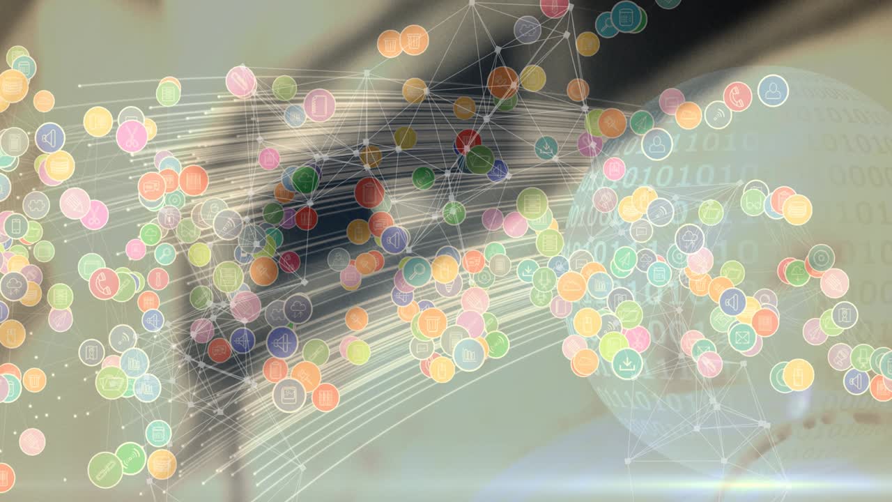 흐릿한 배경 위에 디지털 아이콘으로 연결 네트워크의 애니메이션