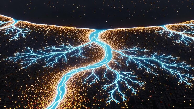 Vivid Electric Networks: A Stunning Visualization of Dynamic Currents Flowing Through a Bright Landscape of Glowing Particles and Radiant Connections